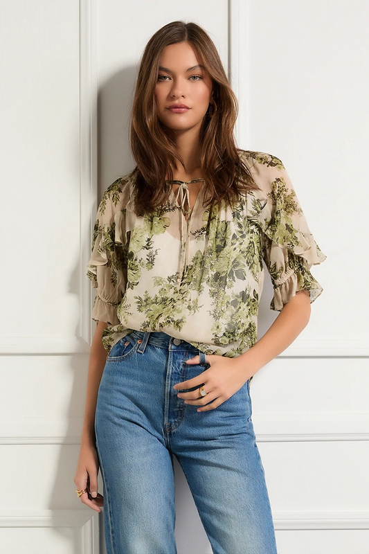SHORT SLEEVE RUFFLE TOP - FOREST FLORAL PRINT