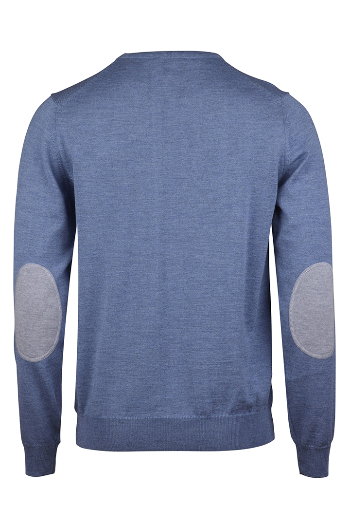EXTRAFINE MERINO CREW NECK SWEATER WITH ELBOW PATCHES BLUE