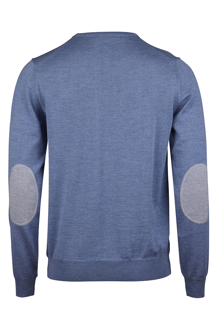 EXTRAFINE MERINO CREW NECK SWEATER WITH ELBOW PATCHES - BLUE