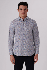 ABSTRACT BLUE PRINT COMFORT STRETCH SHAPED FIT SHIRT - CARAMEL