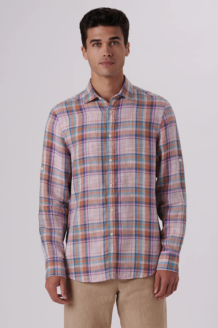MULTI COLORED PLAID LINEN SHAPED FIT SHIRT - PINK