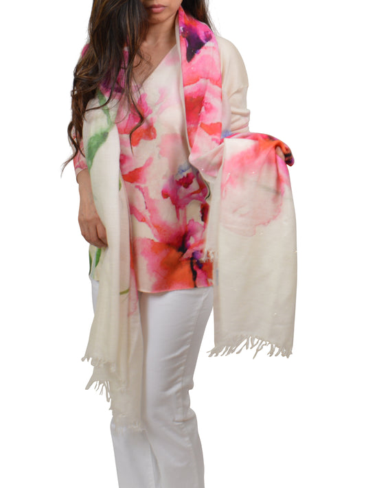 FUCHSIA FLOWERS PRINT CASHMERE SILK STOLE WITH SEQUINS