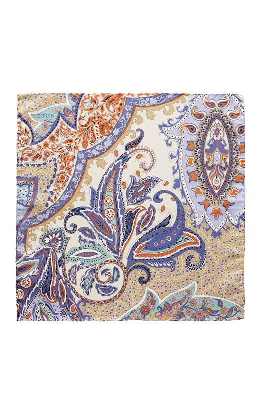 PURPLE ORANGE AND TAN FLORAL PAISLEY PRINT SILK POCKET SQUARE