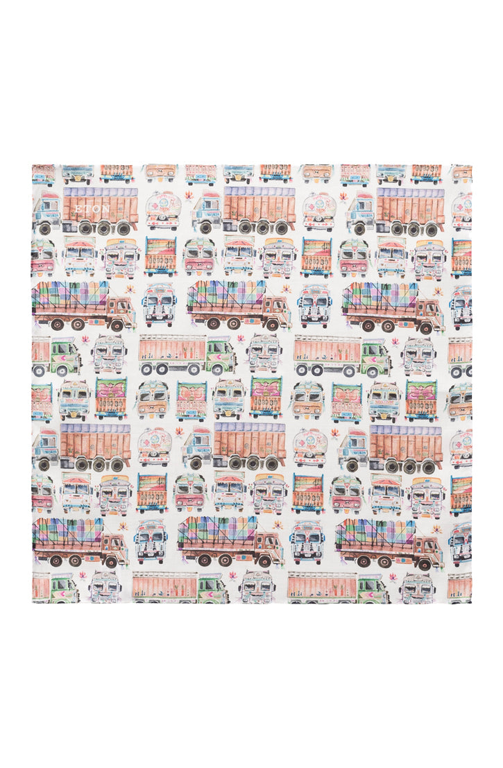 TRUCKS AND BUSES WHITE COTTON POCKET SQUARE