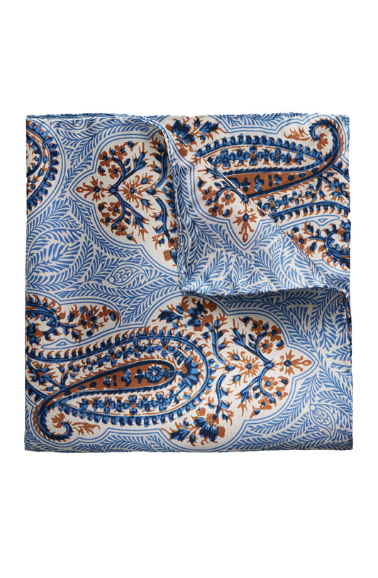 BLUE AND BROWN PAISLEY SILK POCKET SQUARE