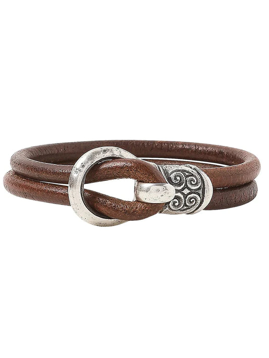 8" DOUBLE STRAND BROWN LEATHER BRACELET WITH SILVER BUCKLE COMPONENT