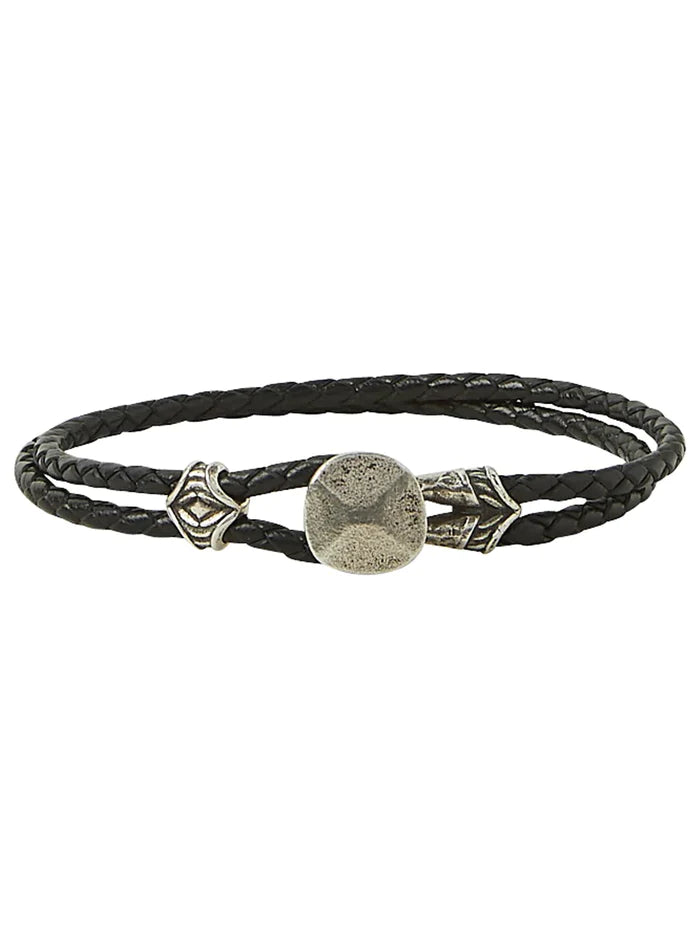 DOUBLE STRAND LEATHER BRACELET WITH A LARGE SILVER RIVET CLOSURE