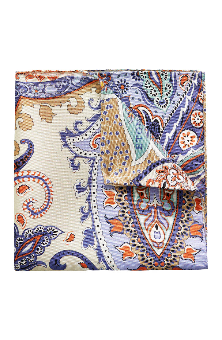PURPLE ORANGE AND TAN FLORAL PAISLEY PRINT SILK POCKET SQUARE