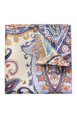 PURPLE ORANGE AND TAN FLORAL PAISLEY PRINT SILK POCKET SQUARE