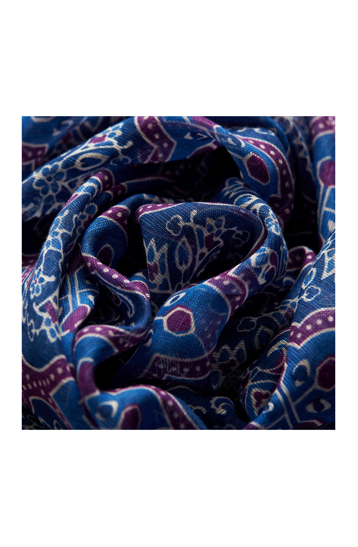NAVY AND PURPLE FLORAL PRINT COTTON LINEN SCARF