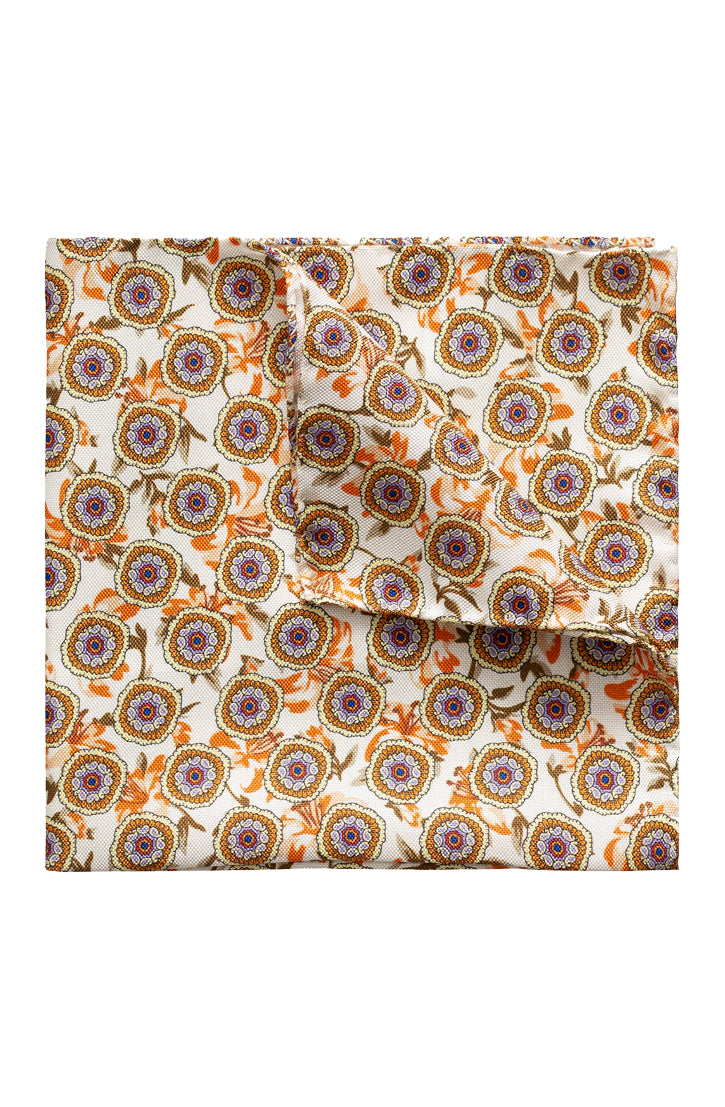 ORANGE AND PURPLE FLORAL OFF-WHITE SILK POCKET SQUARE