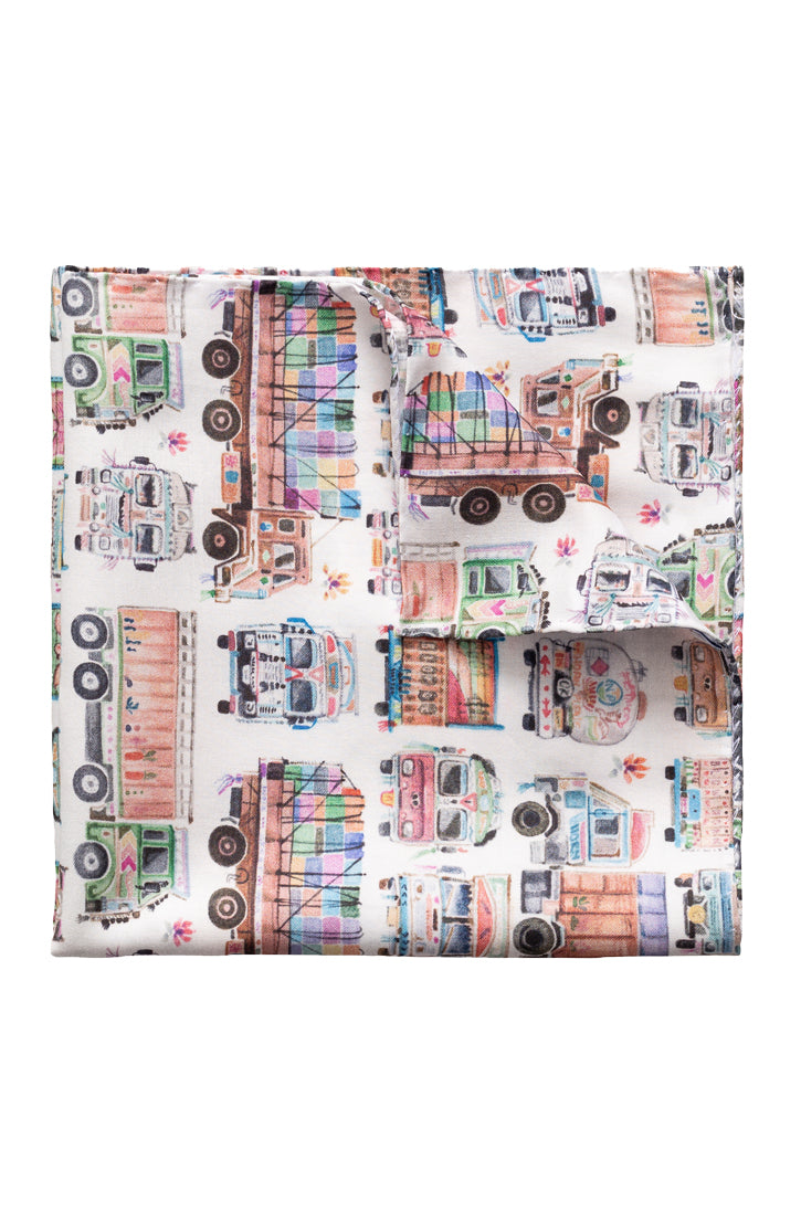 TRUCKS AND BUSES WHITE COTTON POCKET SQUARE