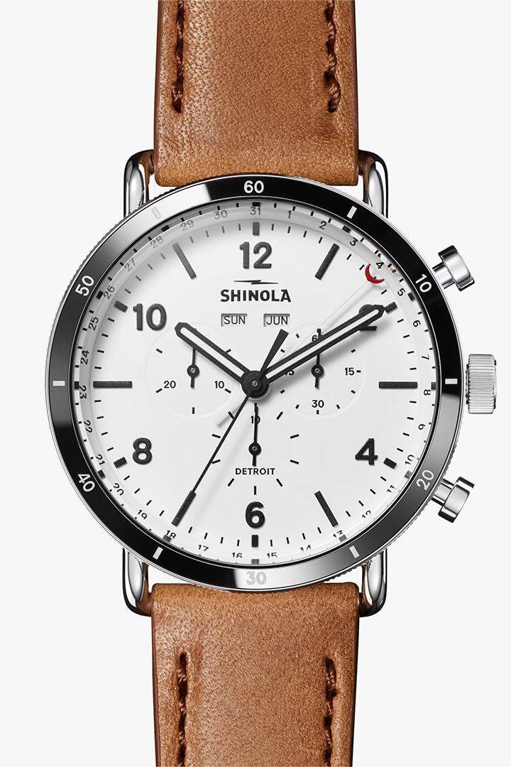 THE CANFIELD SPORT 45MM WATCH WITH WHITE DIAL AND TAN LEATHER STRAP