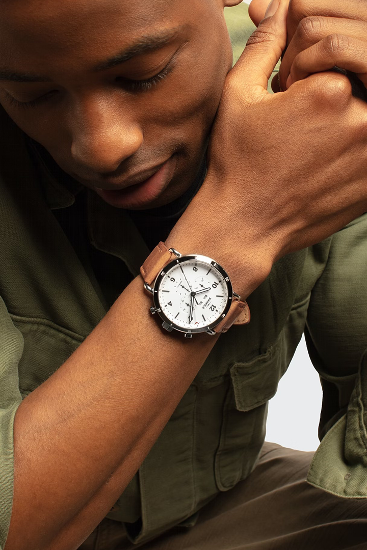 THE CANFIELD SPORT 45MM WATCH WITH WHITE DIAL AND TAN LEATHER STRAP