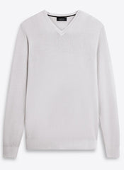 TEXTURED WEAVE COTTON V-NECK SWEATER - STONE