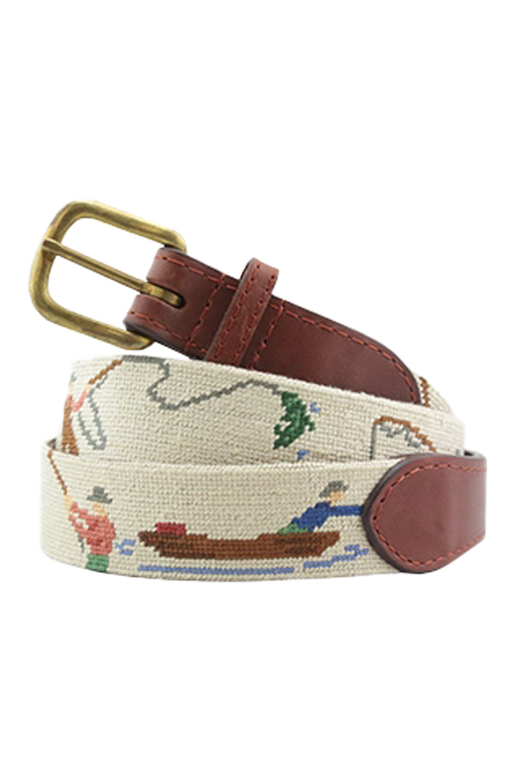 GONE FISHING NEEDLEPOINT BELT - LIGHT KHAKI